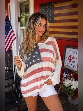 Miracle USA Oversized American Flag Lightweight Knit Sweater | Patriotic 4th top